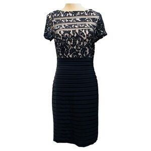 𝅺Adrianna Papell Black Lace Shutter Pleat Cocktail Dress Size 8